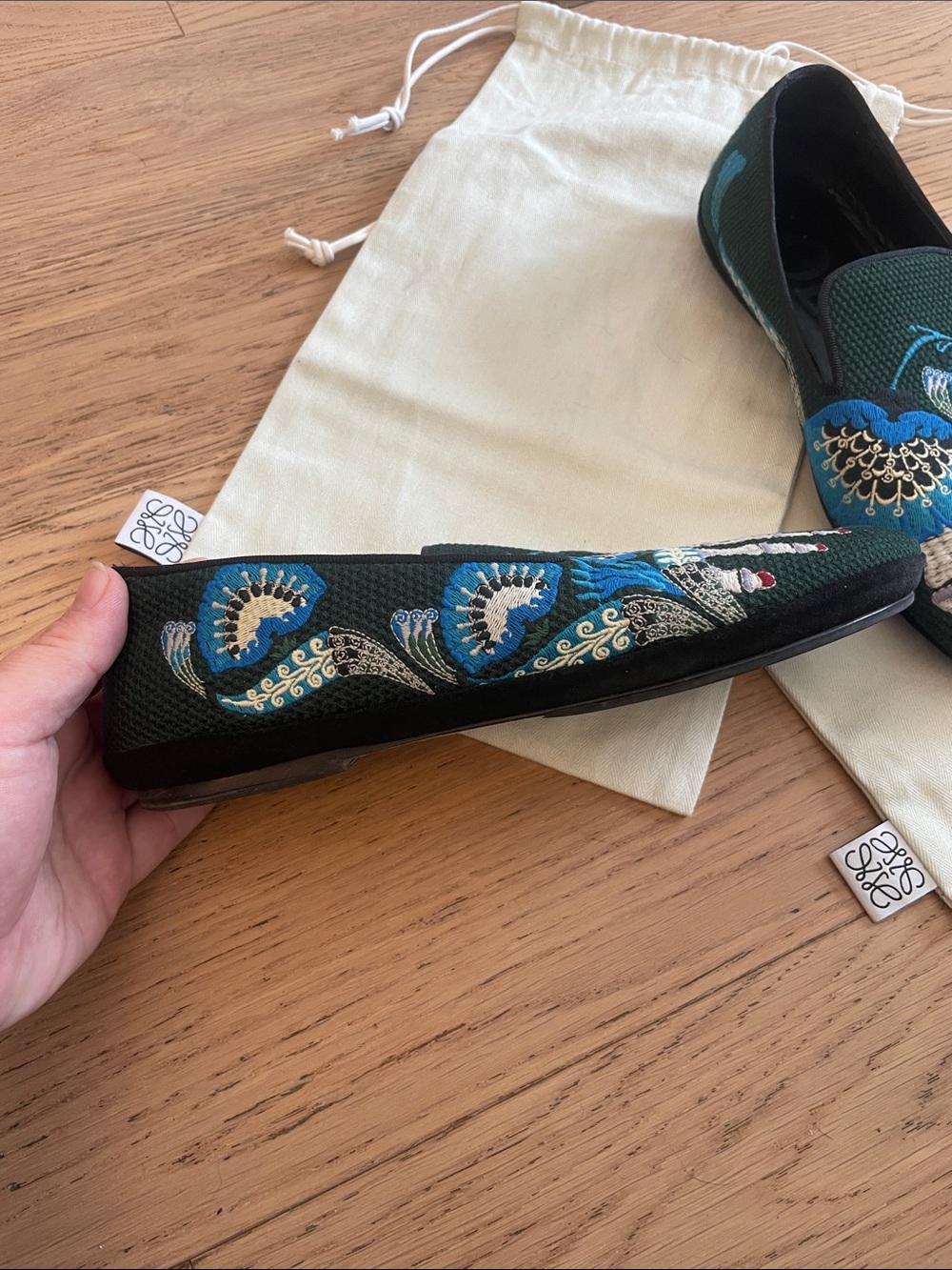 Loewe Embroidered Bone Crane Loafers Size 38 Green Velvet Luxury Flats - Picture 9 of 16
